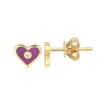 Purple Enamel Heart Diamond Stud Earrings 14K Yellow Gold .02 CTW - £395.60 GBP