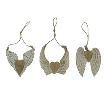 Set of 3 Wood Angel Wings Heart Sculptures Rustic Twine Hanging Wall Decor Art - £26.63 GBP