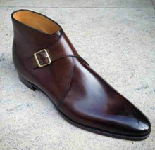 Men&#39;s Handmade Genuine Burgundy Leather Chukka Single Monk Strap Formal Boots - £117.31 GBP+