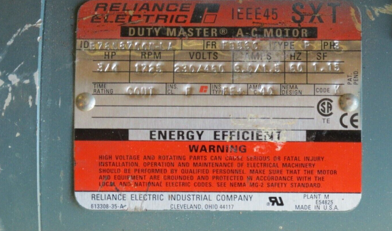 RELIANCE 3/4 HP SXT DUTY MASTER AC MOTOR B78C8700N-LA 1725RPM 230/460V  ... - $246.51