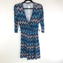 Market &amp; Spruce Ohara Faux Wrap Dress Knit Stretch Geometric Blue Black S - £11.44 GBP