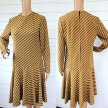 60s Mod Mustard Brown Striped Dress Vintage Retro Long Sleeve S M - $34.00