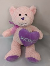 HugFun Pink Bear Plush Quilted Purple Feet XOXO Heart 13&quot; Stuffed Animal Toy - $10.95