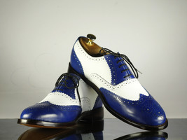 Handmade Men Blue White Leather Wing Tip Brogue Lace Up Shoes, Men Designer Shoe - £116.88 GBP