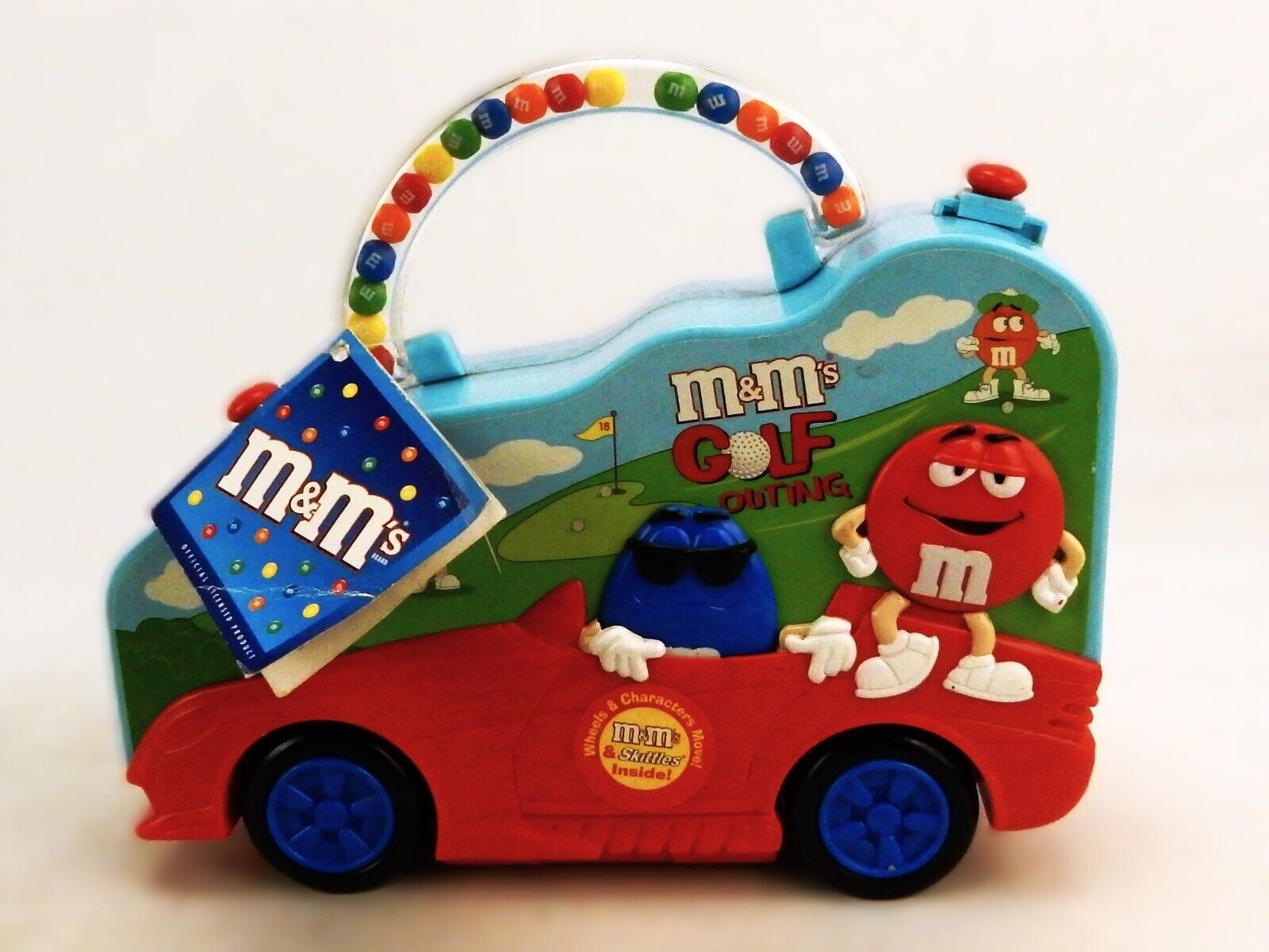M&amp;Ms Plastic Car Storage Case, &quot;Golf Outing&quot;, Turning Wheels, Vintage/Ra... - $14.65