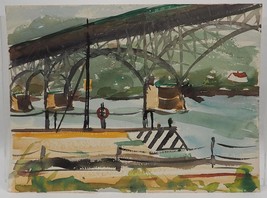 Vintage Watercolor Painting Ink Drawing on Paper Bridge circa 1960 - £78.47 GBP