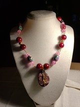 21-in Maroon Glass Beaded Necklace With Wire Worked Stone Pendant - $28.04