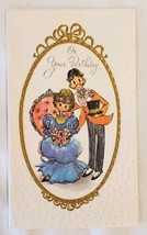 70s Birthday Card Gibson Girl Couple Old Fashioned Embossed Made USA Vintage - £4.63 GBP