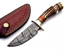 Damascus Military Hunting Tactical Fixed Blade Survival Stag Horn handle... - $23.71