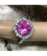 Lab Created Pink and White Diamond, Platinum / Sterling Silver Halo Ring... - $481.30 MXN