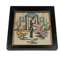 Victorian Silhouette Man Top Hat Courting Flowers Cross Stitch Picture Antique - £58.79 GBP