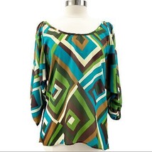 NEW Fashionista Scoop Neck Blouse Top Blue Green Geometric Mod Women&#39;s M  - $13.49