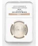 1953-H NS Denmark 2 Kroner Silver Coin MS-64 NGC Greenland Tuberculosis ... - $3,550.14 MXN