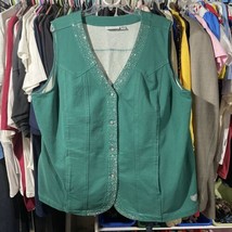 Dream Jeannes Quacker Factory Womens XL Rhinestone Green Button Up Vest - £54.09 GBP