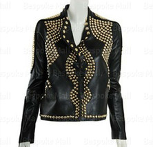 New Woman&#39;s Black Golden Studded Punk Classic Cowhide Biker Leather Jack... - £235.36 GBP