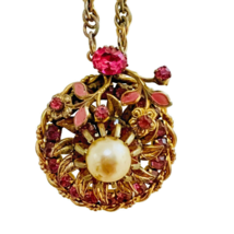 West German Gold Tone Vintage Pink Rhinestone And Faux Pearl Floral Pendant - £39.56 GBP