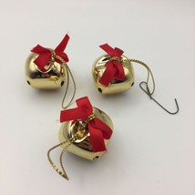 Set of 3 Gold Jingle Bell Christmas Tree Ornaments Bells Holiday Home Decor Bow - £11.27 GBP