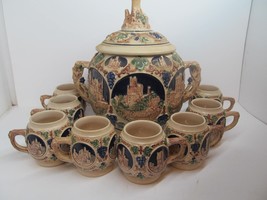 Gerz German Castles Vintage Stoneware Tureen Punch Bowl W/ 8 Mugs No Lad... - £93.57 GBP