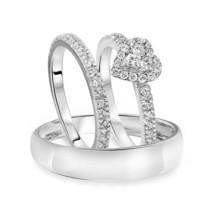 Heart Wedding 14K White Gold Plated 1/3Ct Simulated Diamond Bridal Trio Ring Set - £103.42 GBP