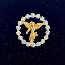 Angel Cherub Clear Rhinestones Circle Gold Tone Lapel Hat Lanyard Pin Brooch 1in - £12.02 GBP