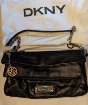 DKNY Super Soft Leather Black Fold-Over Clutch Purse Shoulder Roomy W/ Dust Bag - £31.02 GBP