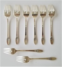 antique 1847 ROGERS IS SILVERPLATE flatware FIRST LOVE 8pc SALAD FORKS d... - £36.94 GBP