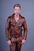 Mens Real Cowhide Bikers Jacket Vintage Brown Schwarz Cuir Lederhemd Gay  - £109.01 GBP