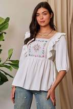 White Texture Tie Back Floral Embroidery Frill Blouse - $57.00