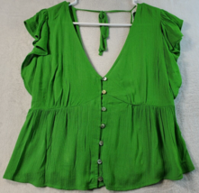 Lush Blouse Top Womens Size Medium Green Short Casual Sleeve V Neck Button Front - £11.80 GBP