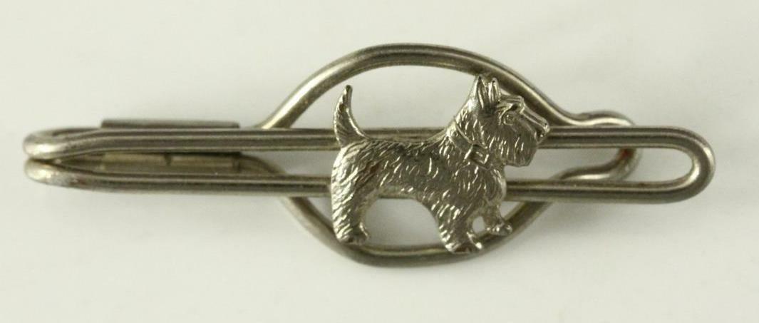 Primary image for Vintage Mens Costume Jewelry Silver Tone SCOTTIE Terrier Dog Tie Clasp 2" Long
