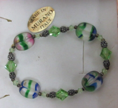6&quot; Blue Green Beaded Elastic Bracelet Vintage Murano Glass Beads Tag Unique Box - £35.52 GBP