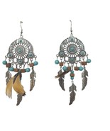 Boho Turquoise Tribal Feathers Wooden Beads Earrings Womens Costume Jewelry - $365.63 MXN