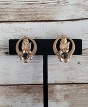 Vintage Screw On Earrings - Leaf &amp; Flower with Green Gem - £9.50 GBP