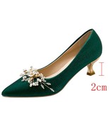 Flowers Pointed Toe Pumps for Women New Green Silk Low Heels Shoes Woman Slip on - $45.94