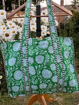 100% Pure Cotton Hand Block Green Block Print Handmade Kantha Tote Travel Bag - £36.41 GBP