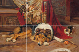 a reluctant playmate wright barker collie dog cat ceramic tile mural backsplash - £46.69 GBP+