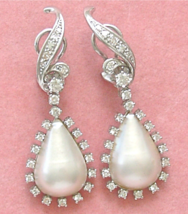 Estate 1.5ctw Diamond 19mm Mabe Pearl Pear Drop White 18K Cocktail Clip Earrings - £2,476.38 GBP