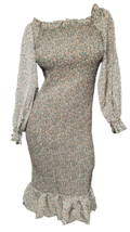 M- Sarin Mathews Gorgeous Green Tan Peach Floral Puff Long Sleeve Bodycon Dress - £11.07 GBP