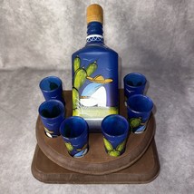 Jalisco Painted Mexican Decanter Shot Set w/6  Blue Glasses Wooden Stand - €105,94 EUR