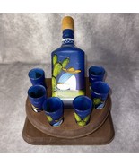 Jalisco Painted Mexican Decanter Shot Set w/6  Blue Glasses Wooden Stand - $2,309.20 MXN