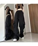 Women Pants High Waist Streetwear Hip Hop Trousers Big Pockets Waist Drawstring - $7.49