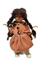 Vtg Porcelain Dark Skinned Leopard Trim Crushed Velvet Dress Baby Girl Doll 9&quot; - £41.07 GBP