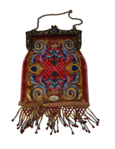 $30 Amia Denver Hand Painted Suncatcher Glass Purse Fringed Beaded Vintage Red - £30.44 GBP