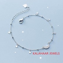 Sterling Silver Chain Bracelet, Crescent Moon and Star Charm Bracelet - £101.89 GBP