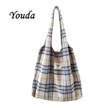 Yoyda 2022 Winter Korean Literary Bag for Women Plaid Cotton Fabric Handbag Retr - £18.36 GBP