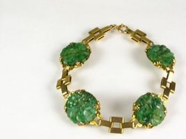 Victorian 10k Yel Gold 4 Natural Carved Floral Jade Gemstone Bracelet 11.4g 7&quot;L - £1,280.32 GBP