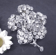 1 pc Rose Flower Clear White Rhinestone Brooch Pin 2&quot; / 5 cm Height B201 - £5.63 GBP