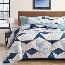 Bed In A Bag 7 Pieces Queen Size, Modern Blue Triangles Geometric Style, Microfi - $84.99