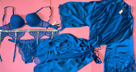 Victoria&#39;s Secret 32A,32B,32C BOMBSHELL,32D Bra Set+Garter+Robe Blue Shine Strap - £213.03 GBP