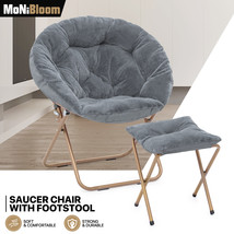 Grey Folding Saucer Cozy Accent Moon Chair Soft Faux Fur Oversize Seat W/Ottoman - £94.92 GBP